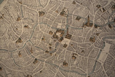 An ancient map of Bruges displayed in the Stadhuis (City Hall).