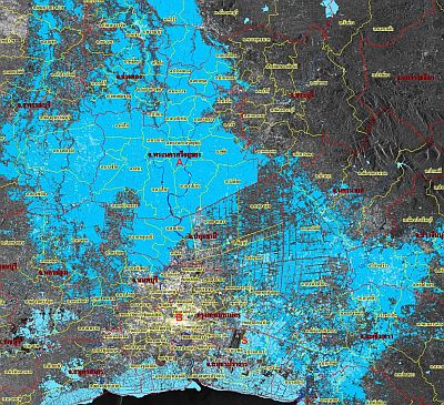 Satellite map of Bangkok and surroundings during the 2011 floods
