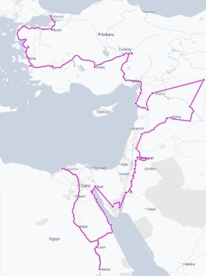 Our itinerary, starting in Cairo and ending in Istanbul (© MapTiler © OpenStreetMap contributors).