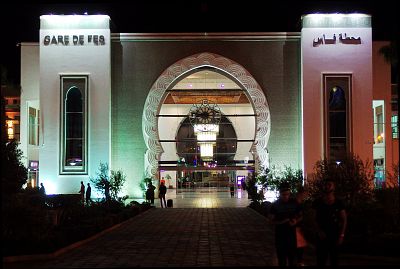 Fez' new modern train station by night.