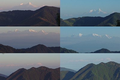 Sunrise views of the Himalayas in Daman: Manaslu on top, Annapurna in the middle and Langtang Himal at the bottom. Unfortunately the views were quite hazy but much better than the day before when only a glimpse of Langtang was to be seen.