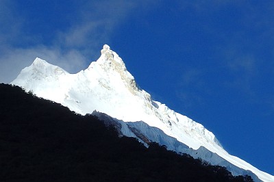 Day 12: 6.35am, Manaslu and its twin peaks in all its splendour. This is the only complete view of the mountain we have had during the whole circuit.