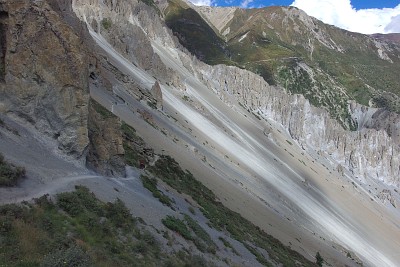 Day 20: on the way to Tilicho base camp, looking back on the landslide area. Note the porters on the path.