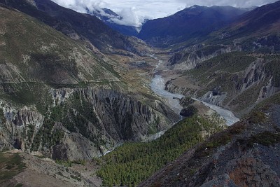 Day 22: view down the Marsyangdi valley with Manang visible in the upper half of the picture.