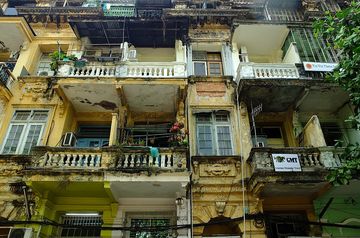 Old weathered colonial buildings in Yangon