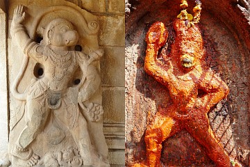 Hanuman, the Monkey God: left on a bas-relief in Hampi, right in a shrine in Kathmandu