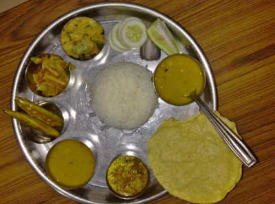 A typical vegetable thali, first serving.