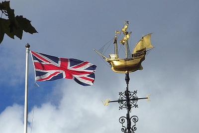 London, top of a building on Victoria Embankment: the Union Jack and a sailing ship as weather vane, two potent symbols of the UK