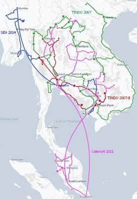 Our trips in South East Asia. Green for TINDO 2006/07, Red for TINDO 2007-B, Pink for Calamyti 2011 and Blue for SEA 2014.
