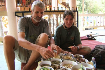 January 2007: meal at a temple in Vientiane, Laos. This year saw us touring Thailand, Cambodia, Vietnam and Laos.