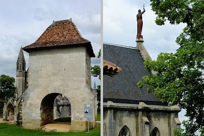 Vaucouleurs - On the left is the Gate of France, the only remnant of the town's castle. Next to it is the castle church. The picture on the right shows a statue of Jeanne d'Arc on top of the castle church.