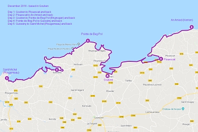 Goulven and surroundings with sandy dunes to the east, the rocky coast of Brignogan-Plages to the west and the old settlement of Menez Ham as a highlight (Map data ©2019 Google).