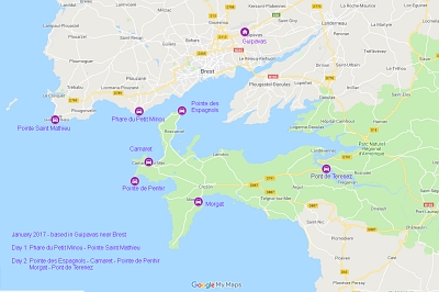 Two days with the car touring the coast west of Brest and the Crozon peninsula (Map data ©2019 Google).