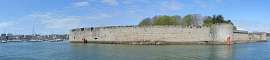 View of the fortified city of Concarneau. This photo is a panorama, click the cross on the right below the photo (or press F if viewing on a desktop) to expand it to its real size and use the bottom scroll bar to navigate through it.