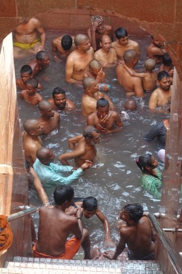 Enjoying the hot springs at the Lakshmi Narayan Temple.