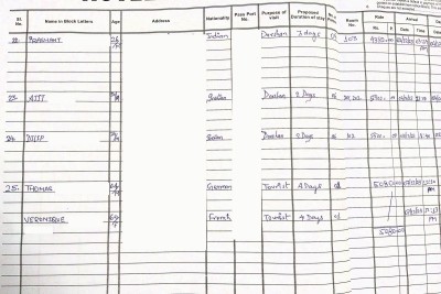 Page of a typical hotel register (Varanasi).