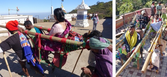This lady chose the easy way, carried in a doli to the top by four porters. On the right, porters waiting for their customers to finish puja before carrying them back down.
