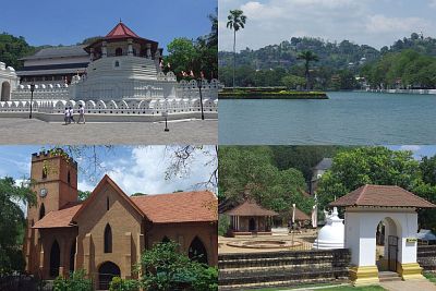Views of Kandy, from top left to bottom right. 1. The Temple of the Sacred Tooth Relic. 2. View from the lake shore opposite the Temple. Note the big Buddha statue on the top of the hill on the right. 3. St Paul Church. 4. Natha Devale.