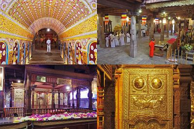 Inside the Temple of the Sacred Tooth Relic, from top left to bottom right. 1. The entrance corridor leading to the main hall. 2. The main hall with the arched corridor seen on the previous picture on the left. 3. The relic is kept on the first floor behind the middle golden door beyond the barriers. 4. Detail of a golden door.