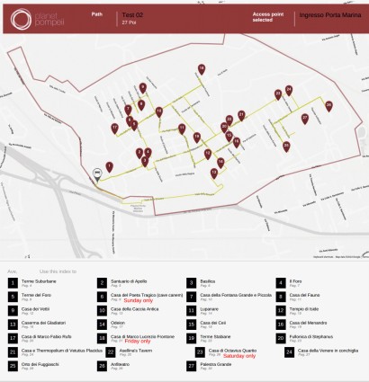 Print-out of the map created on Planet Pompeii with an itinerary built around all my favourites.