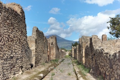 Setting the scene: ruins of the city with Vesuvius in the background.