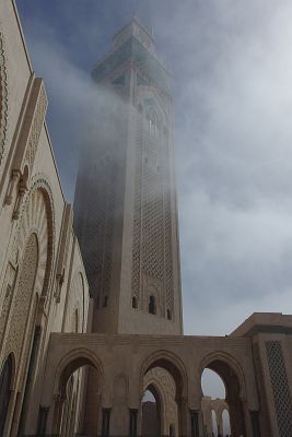 Morning mist clearing around the minaret of Hassan II mosque.
