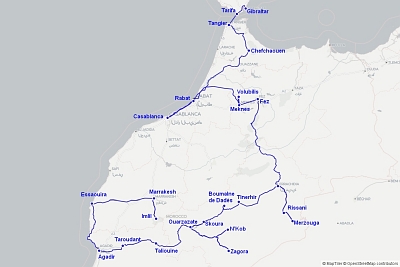 Our itinerary: with the ferry from Tarifa to Tangier, finishing in Marrakesh for our flight back to the UK (© MapTiler © OpenStreetMap contributors).