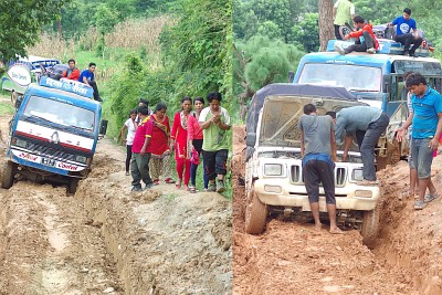 Day 1: on the way to Arughat, 5 hours to cover 40 km. On the left: our bus negotiating a difficult stretch. On the right: stuck behind a Jeep which took some time to restart; when the engine finally came back to life, we had to push it to make it move.