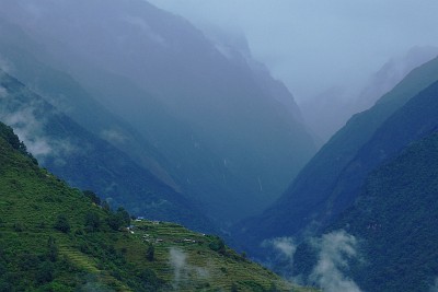 Day 33: view up valley taken from misty Ghandruk. Note the many waterfalls cascading down the slopes.