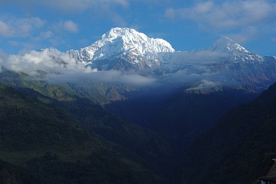 Day 35: sunrise over Annapurna South (on the left) and Himchuli (taken from our lodge in Landruk).