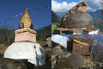 The stupas in Bhandar before and after the earthquake.