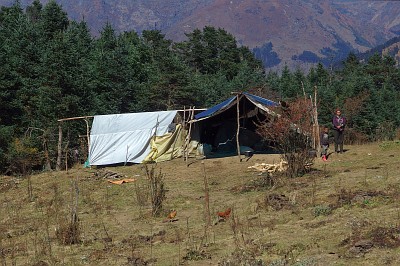 Living quarters of a farmer's family spending the summer on the pastures of the plateau above Phurtyang.