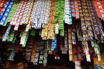 Shop selling among other things a multitude of individual packs of washing powder, shampoo, tobacco.