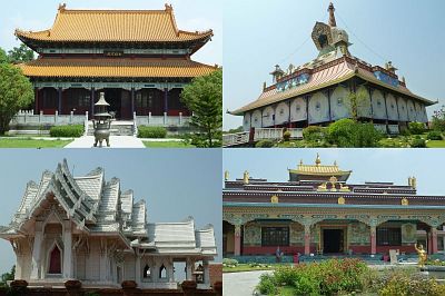 Buddhist monasteries in Lumbini -  Top left: the Chinese Zhong Hua Monastery; Top right: the German Monastery, built in Tibetan style; Bottom left: the Royal Thai Monastery; Bottom right: the Nepalese Karma Samten Ling Monastery.