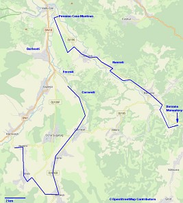 The itineraries of our walks. On the first day to Bârsana Monastery, we managed to avoid much of the busy road by following dirt roads along the river or using side lanes in villages. Our second day was fully on road but traffic was so low that we had the road to ourselves for most of the time. © OpenStreetMap Contributors