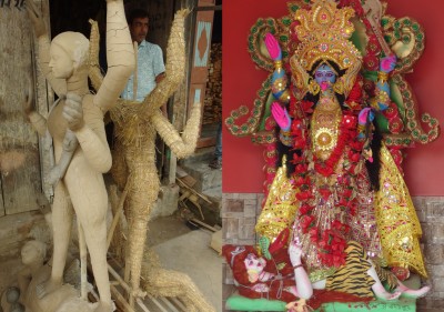 Agartala: the goddess Kali in the making; it is believed that she is sticking her tongue out as a sign of embarrassment over the sudden realisation that she has stepped on her husband's chest.