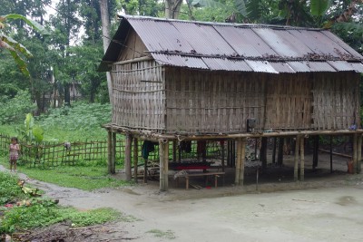 Majuli: A typical house in a village on the way to Chamaguri Satra. Note the weaving loom under the stilted house.