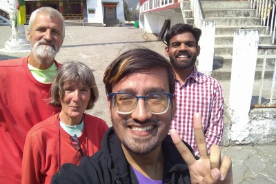 Tawang: a selfie with Shree (in front) and his friend in the courtyard of the monastery.