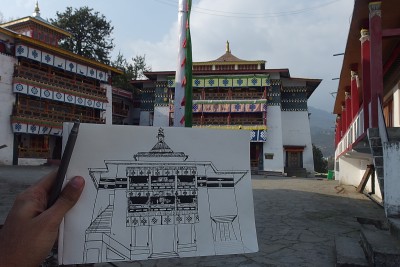 Tawang: Shree's sketch of the monastery courtyard.