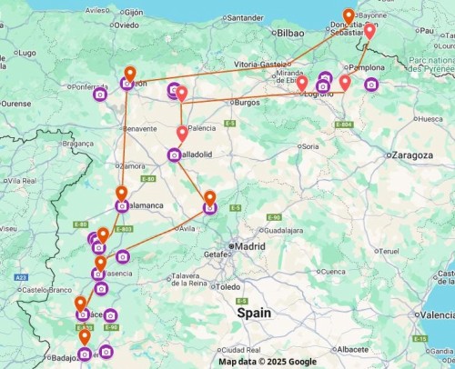 The map shows the itinerary of our road-trip of 2025. The red dots are our overnight stops and the purple cameras indicate some of the sites we visited.