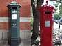 Two VR pillar boxes: same model but what a different look… On the left in Windsor, Berkshire: this one looks posh with its unusual ornate top and an elegant VR Royal Cypher. On the right in the city of Durham, county Durham: the same model but quite boring in conventional red.