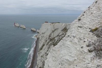 The famous rock formation of the Needles off the western tip of the Isle of Wight.