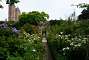 An alley with a long perspective in the garden; the tower can be seen on the left.